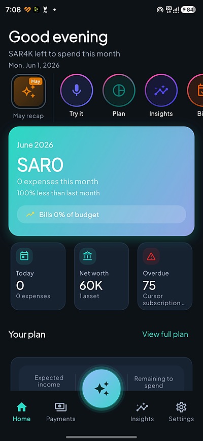 Floosy home dashboard showing spending overview